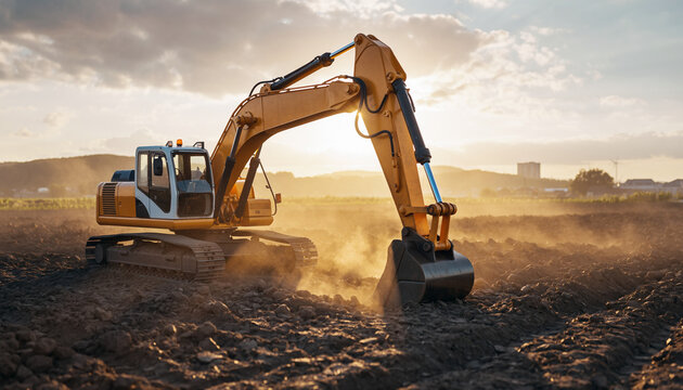 A large yellow excavator works on a construction site, kicking up dust as it digs during a sunny day with a beautiful sunset.