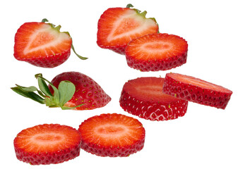 studio photograph of multiple fresh, ripe red strawberries, presented both whole and thinly sliced, highlighting their texture and vivid color, isolated on black.