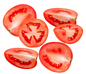 dynamic arrangement of ripe red tomato slices and halves flying in mid-air, revealing the juicy interior and seeds, isolated on black.