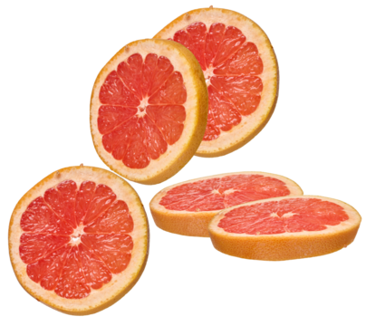 close-up studio photograph of four perfectly sliced pink grapefruits arranged in a group, highlighting the juicy segment structure and appealing pulp texture, isolated on black.