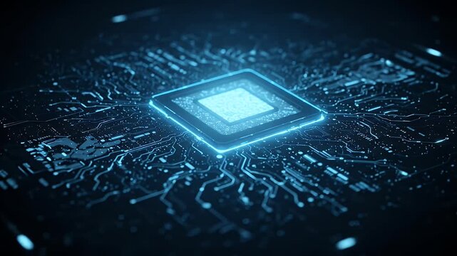 Close Up Neon Blue Circuit Board Animation With Central CPU Glow