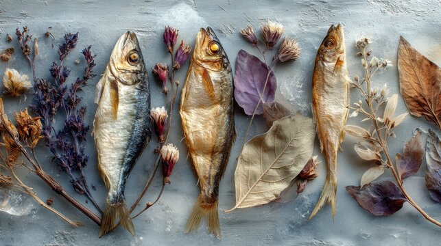 Dried fish and assorted dried herbs arranged on textured icy gray surface, creating rustic and natural composition with muted tones and delicate details