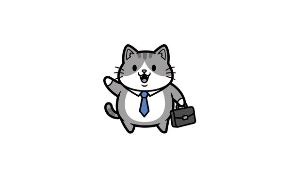 A cute grey cartoon business cat wearing a blue tie, waving and holding a black briefcase.