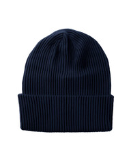 Navy blue knit beanie with ribbed texture and folded brim on transparent background