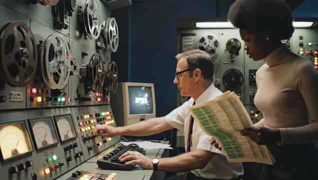 Two Scientists Working Together in a Retro Control Room With Vintage Equipment and Reel to Reel Tape Machines