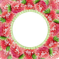 A square frame of juicy strawberries. A red summer berry wreath. Hand drawn watercolor illustration. Copy space template for design cosmetics, fruit snacks, marmalade, candies, chewing gum, menu