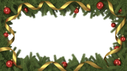 Festive christmas garland frame with red baubles and golden ribbon on black background