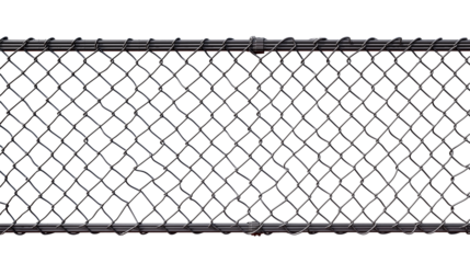Close-up of galvanized steel chain-link fence with diamond-patterned mesh on transparent background