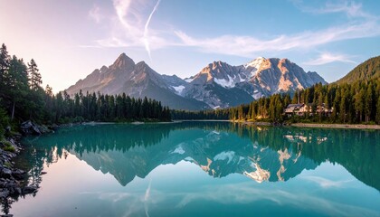 A tranquil landscape featuring a turquoise lake reflecting snow-capped mountains and lush green forests under a blue sky.
