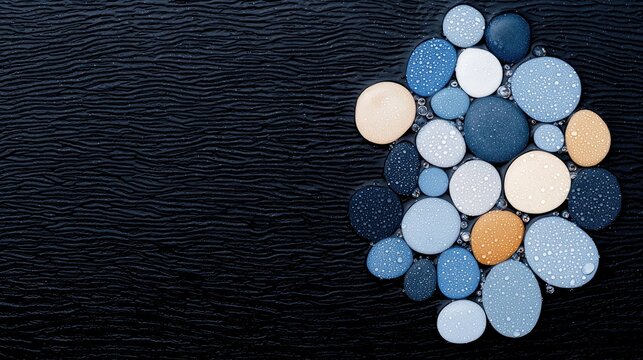 Close-up of a collection of colorful pebbles arranged on a textured black surface, with water droplets on the stones.