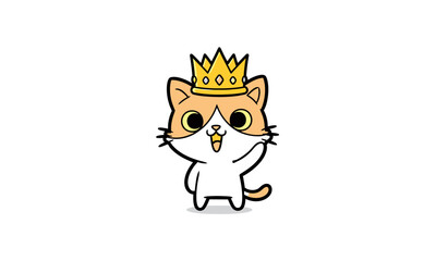 Fototapeta premium A cute cartoon ginger cat king wearing a golden crown, standing and waving with a happy expression.