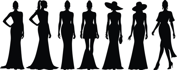 Elegant fashion silhouettes of women in long dresses, stylish poses, hats, and hairstyles for beauty, modeling, design, and illustration themes.