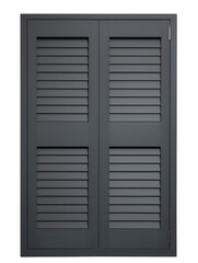 Pair of dark gray wooden shutters with four panels, two slightly ajar, isolated on transparent background