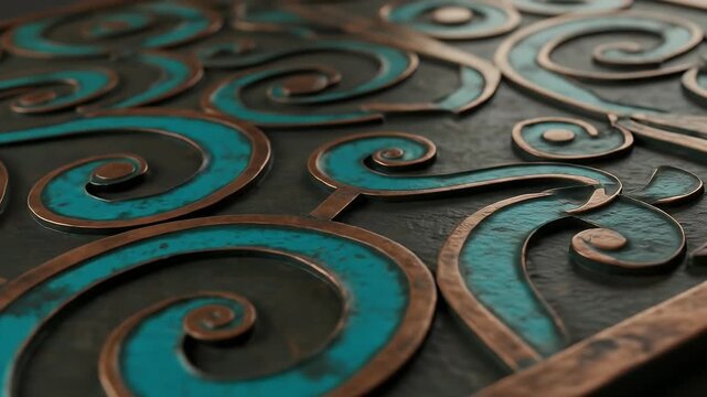 Close Up Ornate Scrollwork With Teal And Copper Metal Textures