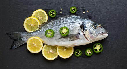 Raw, fresh fish prepared with lemon and jalape?o slices on a dark, textured surface