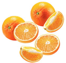 fresh whole oranges and perfectly cut citrus slices dynamically arranged and isolated against a clean transparent background.