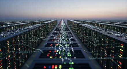Data Center Server Racks with Network Cables and LED Indicators, big data analysis