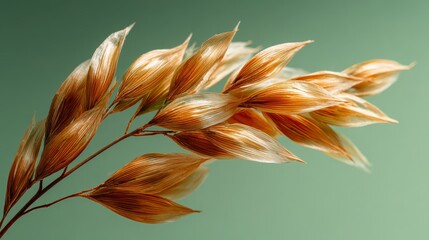 Dried oat grass with golden brown seed heads on soft green background, showcasing natural texture and delicate details in warm light for calm and rustic feel