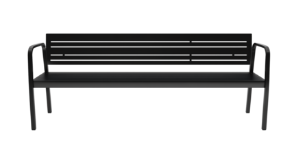 Sleek black metal bench with horizontal slats and curved armrests on transparent background