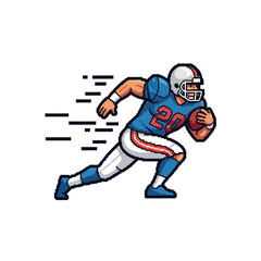 Illustration of a football player in action, wearing a blue jersey and helmet, running with the ball towards the end zone, conveying speed and determination
