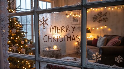 Warm and festive holiday interior with Christmas tree and fairy lights viewed through snowy window with "Merry Christmas" message.