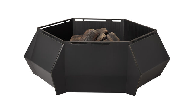 Contemporary octagonal fire pit with black design and stacked logs on transparent background