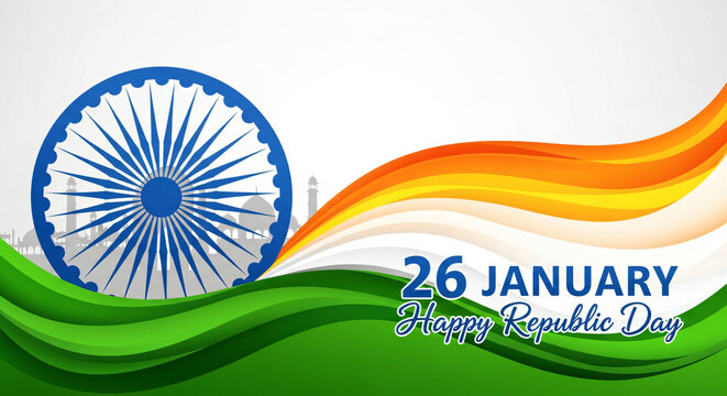26 January celebration background with illustration of Famous Indian Monuments and Ashoka Wheel with tricolor wavy abstract pattern.