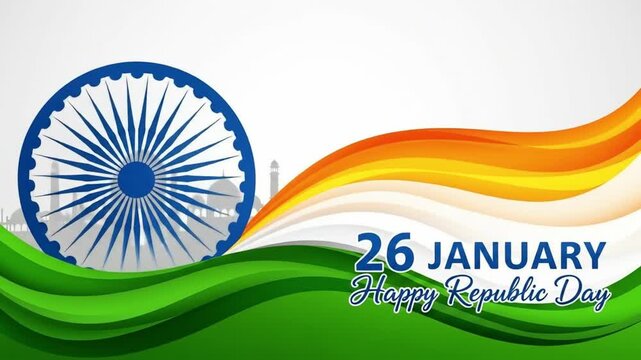 26 January celebration background with illustration of Famous Indian Monuments and Ashoka Wheel with tricolor wavy abstract pattern.