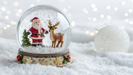 Festive snow globe featuring Santa Claus and a reindeer surrounded by snow, pine tree, and holiday decorations on wintry background.