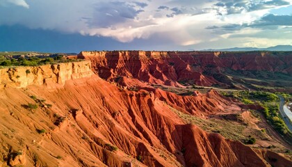 Aerial view of a red rock canyon under a dramatic cloudy sky. The landscape features eroded rock formations and a winding road.