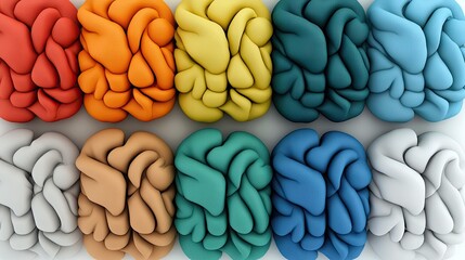 A collection of colorful brain shapes arranged in rows, representing different ideas and concepts.
