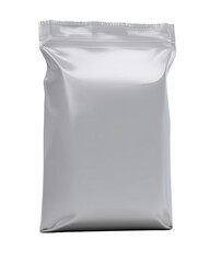 Sleek silver foil pouch with resealable zipper closure isolated on transparent background