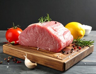 Raw meat with rosemary, tomato, lemon, garlic, pepper on wooden cutting board, grey surface