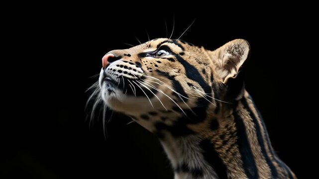 Clouded Leopard Portrait Sunlight Black Background Cinematic Footage