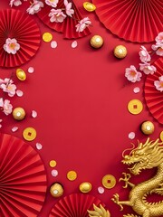 Chinese New Year red background with golden dragon, paper fans and cherry blossoms for holiday card