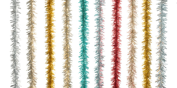 Close up of colorful tinsel garlands hanging vertically against a dark background in a festive display - Powered by Adobe