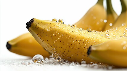 Close-up of fresh bananas with water droplets, isolated on a white background. Healthy food concept.