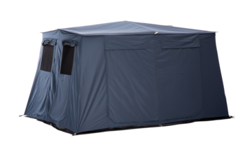 Dark blue camping tent with mesh windows and doors on transparent background