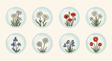 Flowers in glass domes collection, botanical study © Youland