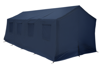 Navy blue outdoor tent with trapezoidal silhouette on transparent background