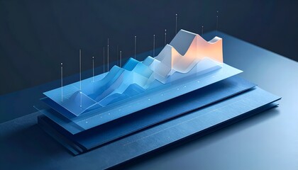Abstract 3D chart floating above stacked paper; layers highlighted with data visualization