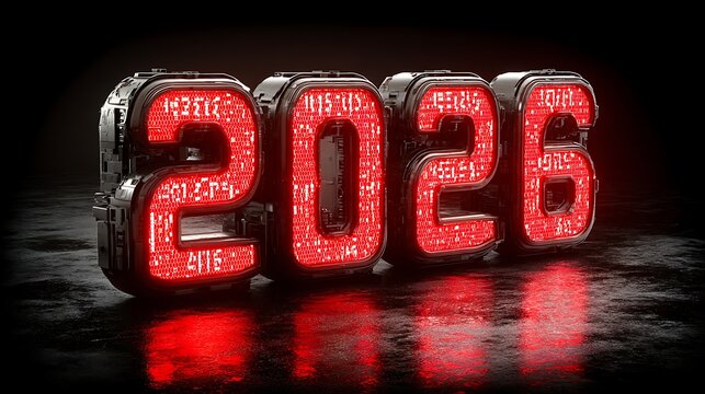 Futuristic 3D rendering of the year 2026 with glowing red digital numbers on a dark, wet surface.