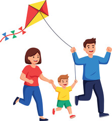 Flat Vector Illustration: Family Running and Flying a Kite