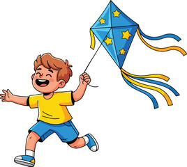 Flat Vector Illustration: Energetic Boy Flying a Kite