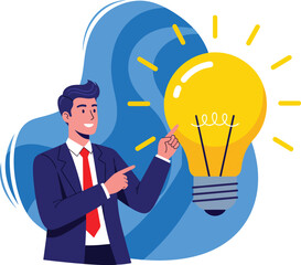 Flat Vector Illustration: Businessman with a Bright Idea Lightbulb