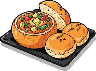 Vibrant Cartoon Vector Illustration of Indian Pav Bhaji Dish
