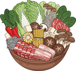 Shabu-Shabu or Sukiyaki Flat Illustration with Fresh Meat and Vegetables
