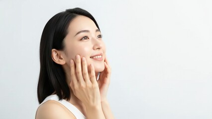 Close up of a young Asian woman's face showing her gentle touch on her cheeks and a happy expression chinese korean japanese