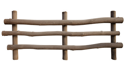 Fototapeta premium Rustic wooden fence with three logs and two posts on transparent background
