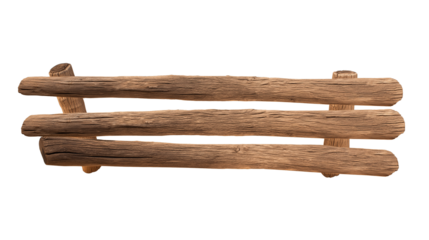 Rustic wooden bench with three horizontal slats on transparent background